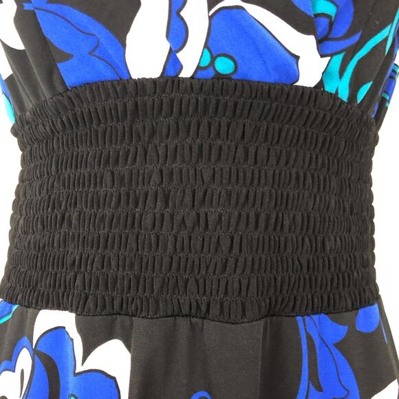 Rabbit Rabbit Rabbit Blue Floral Fit & Flare Dress Sleeveless Black Trim V Neck - Picture 5 of 16